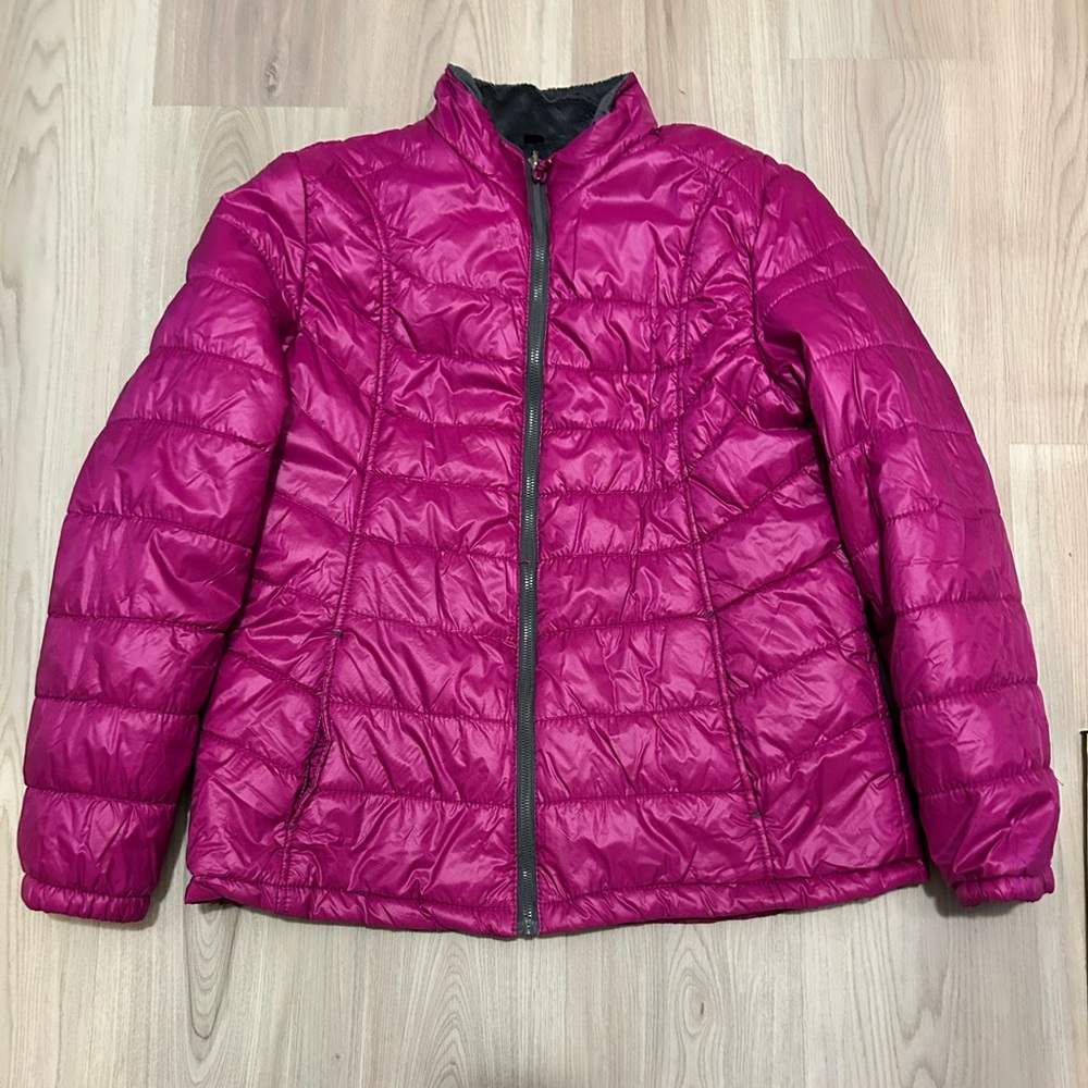 FREE COUNTRY Full Zip Puffer Jacket XL Faux Fur Quilted Puffy Coat Sporty